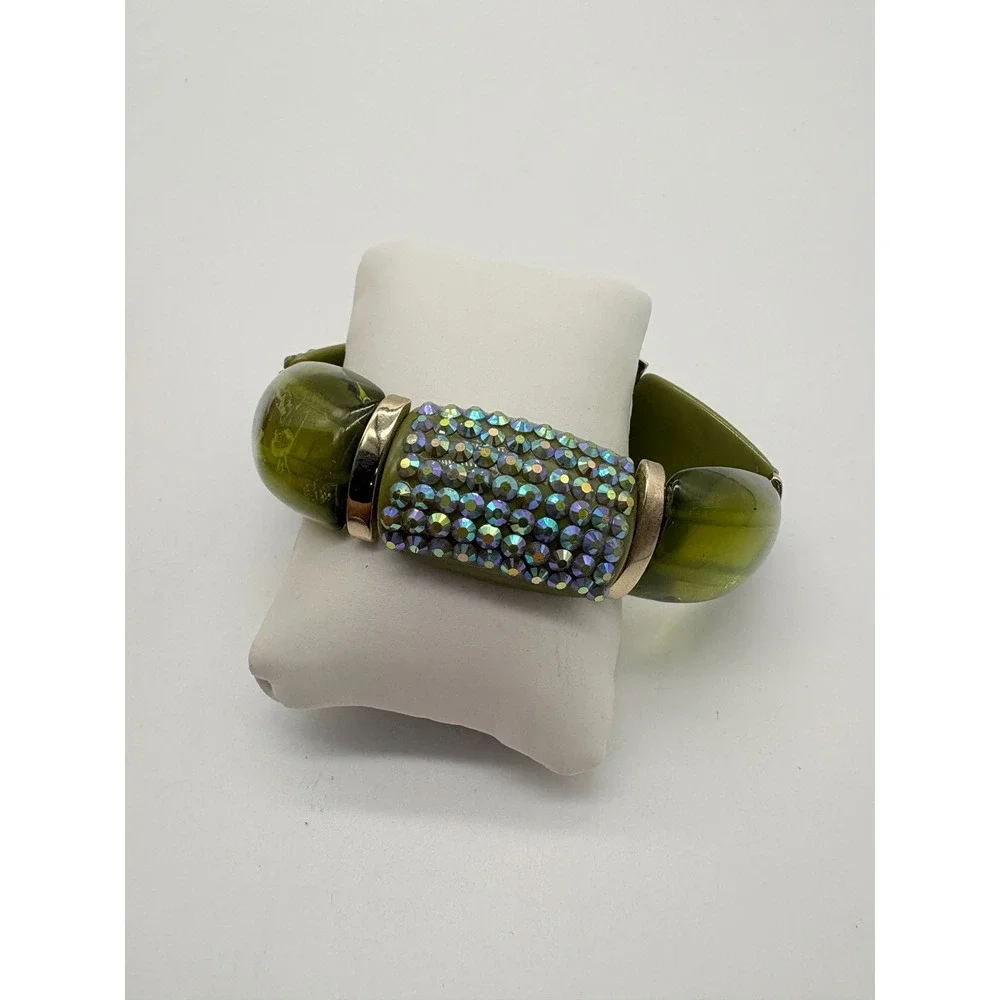 Olive Green Resin Chunky Stretch‎ Bracelet AB Rhinestone Statement